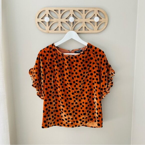 Madewell Velvet Memento Ruffle Sleeve Top in Leopard Dot Sz Small - Picture 1 of 12